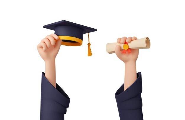 Free photo 3d illustration hands with graduation cap diploma