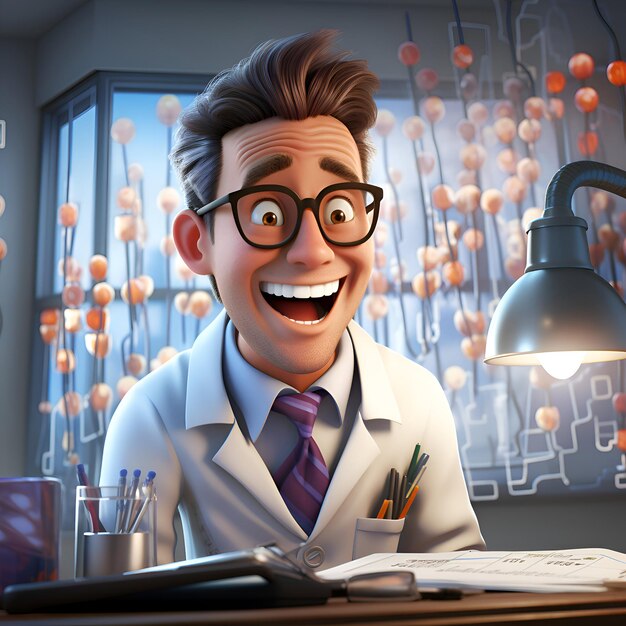 Free photo 3d illustration of a happy man in a white lab coat and glasses sitting at a desk in the laboratory