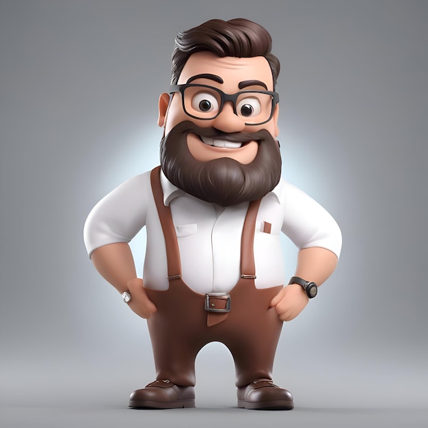 3D illustration of a hipster man with a big beard and glasses