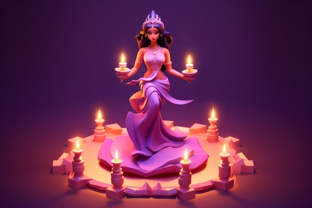 Free photo 3d illustration of indian woman in traditional dress with candles standing on pedestal