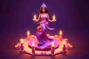 Free photo 3d illustration of indian woman in traditional dress with candles standing on pedestal