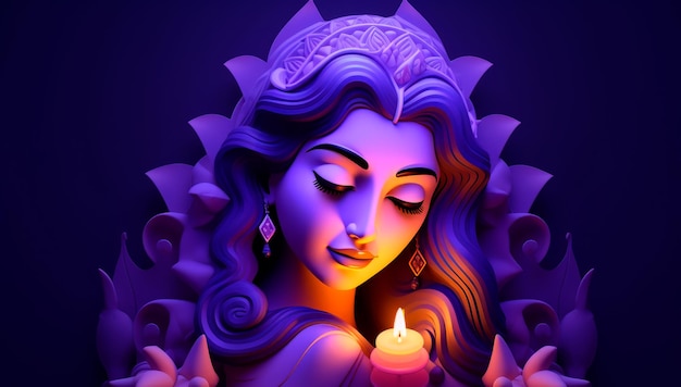 Free photo 3d illustration of indian woman with traditional clothes and candle on blue background