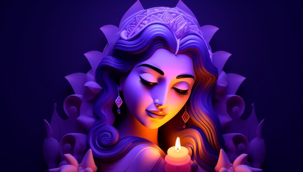 3D illustration of Indian woman with traditional clothes and candle on blue background