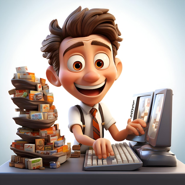 Free photo 3d illustration of a man cartoon character with computer and money stack