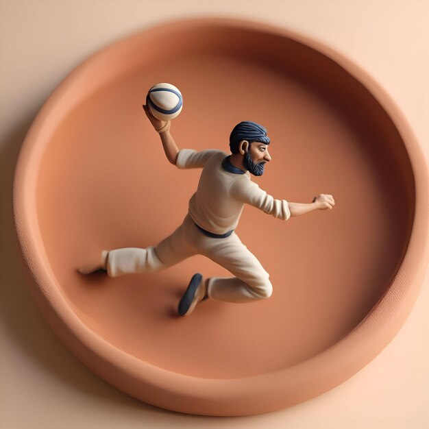 A 3d illustration of a man playing basketball in a round hole