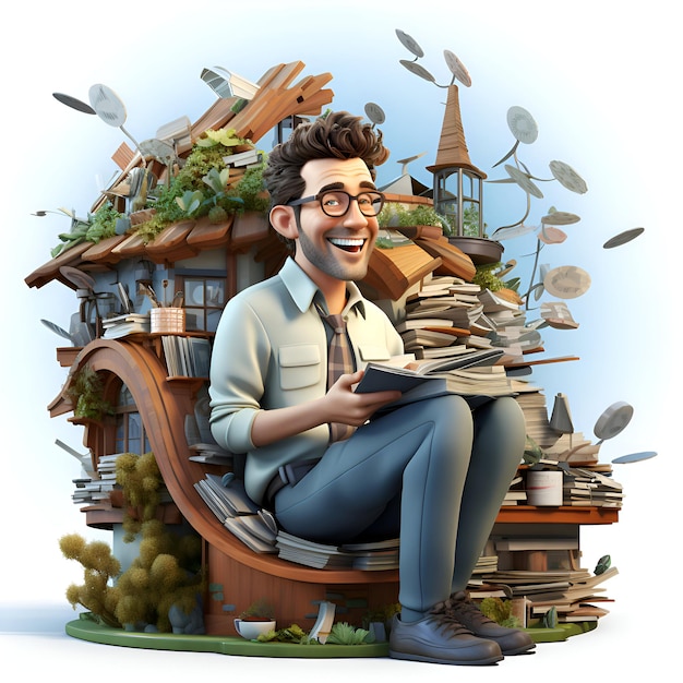 Free photo 3d illustration of a man reading a book sitting in a chair surrounded by many objects