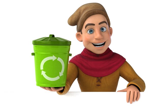 3D Illustration of a medieval historical character with trash bin