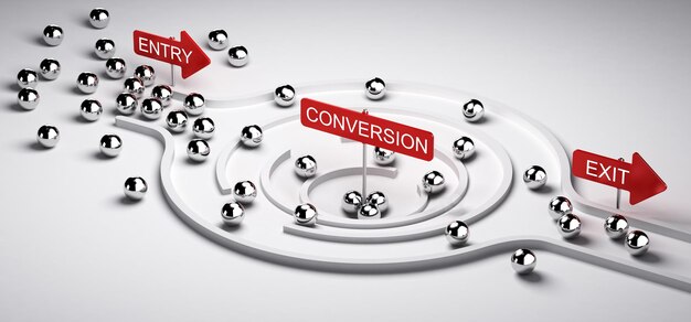 Трехмерная иллюстрация воронки конверсии с входом и выходом, бизнес-концепция или маркетинговая концепция соотношения потенциальных клиентов и продаж, горизонтальное изображение.