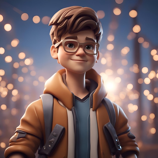 Бесплатное фото 3d-иллюстрация милого мальчика из мультфильма с рюкзаком и очками