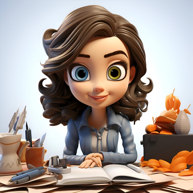 Бесплатное фото 3d-иллюстрация милой девушки из мультфильма, которая учится за своим столом