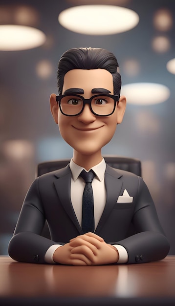 Бесплатное фото 3d-иллюстрация бизнесмена с очками, сидящего за столом в офисе