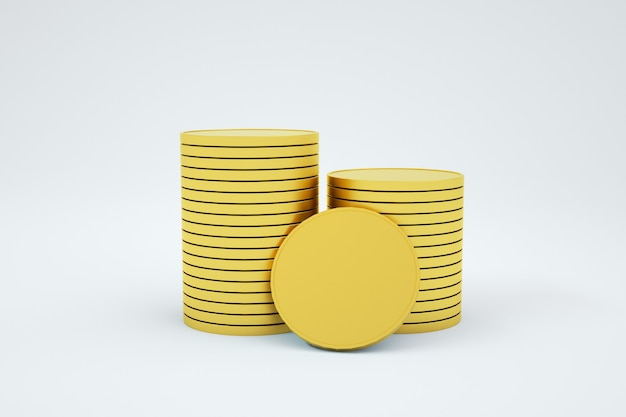 3d иллюстрации моделей золотых монет, стоящих в столбце на белом изолированном фоне. 3d графика, мелочь, золотые монеты. крупный план