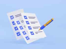Бесплатное фото 3d иллюстрация ручки, ставящей синие галочки на бумагу