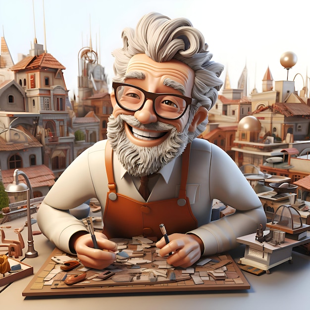 Free photo 3d illustration of an old man with a gray beard in a hat and glasses sitting at a table with a piece of puzzle in his hands