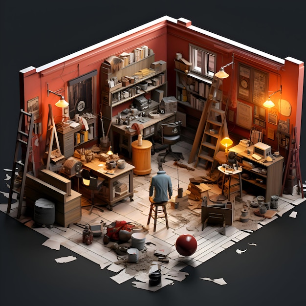 Free photo 3d illustration of an old room with a man working in the workshop