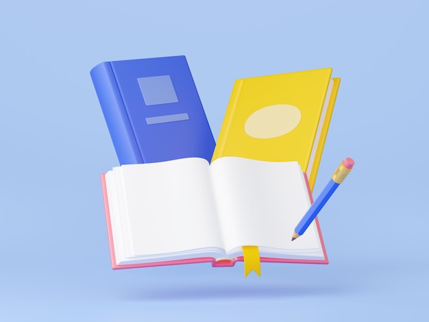 3D illustration of open closed books and pencil