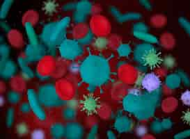 Foto gratuita illustrazione 3d. globuli rossi con virus e cellule batteriche. concetto scientifico e medico.