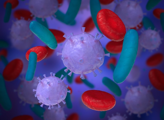 3D иллюстрации. Красные кровяные тельца с вирусами и бактериями. Научно-медицинская концепция.