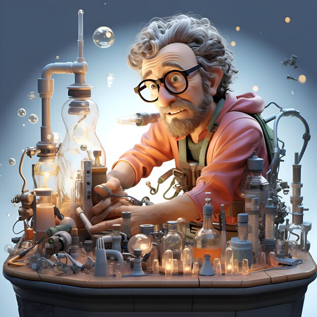 3D illustration of a scientist with a microscope in his laboratory