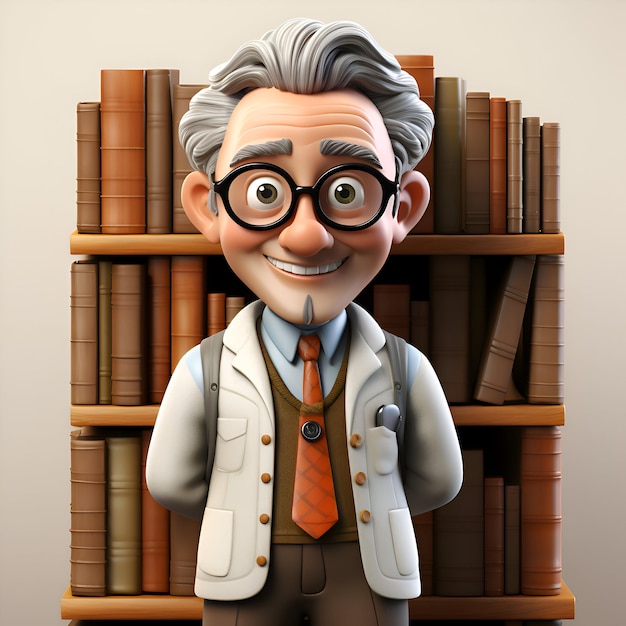 Foto gratuita illustrazione 3d di un professore anziano in piedi davanti alle librerie