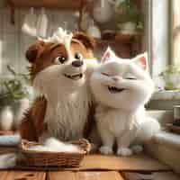 무료 사진 3d illustration showcasing friendship between cats and dogs