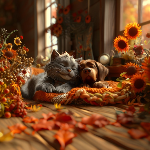 Бесплатное фото 3d-иллюстрация, демонстрирующая дружбу между кошками и собаками