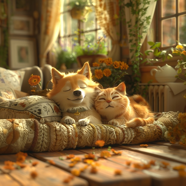 무료 사진 3d illustration showcasing friendship between cats and dogs