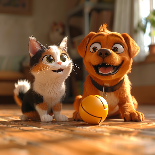 3D-иллюстрация, демонстрирующая дружбу между кошками и собаками