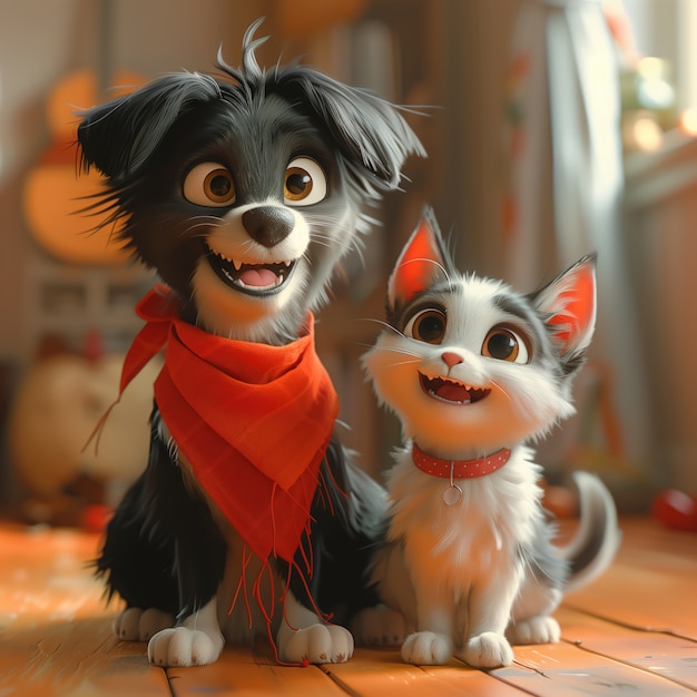 Free photo 3d illustration showcasing friendship between cats and dogs