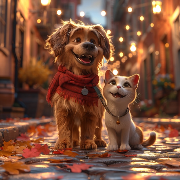 Free photo 3d illustration showcasing friendship between cats and dogs