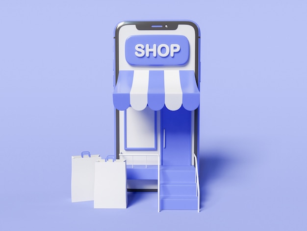 3Dイラスト。画面に店があり、紙袋が付いたスマートフォン。オンラインコンセプトを購入します。