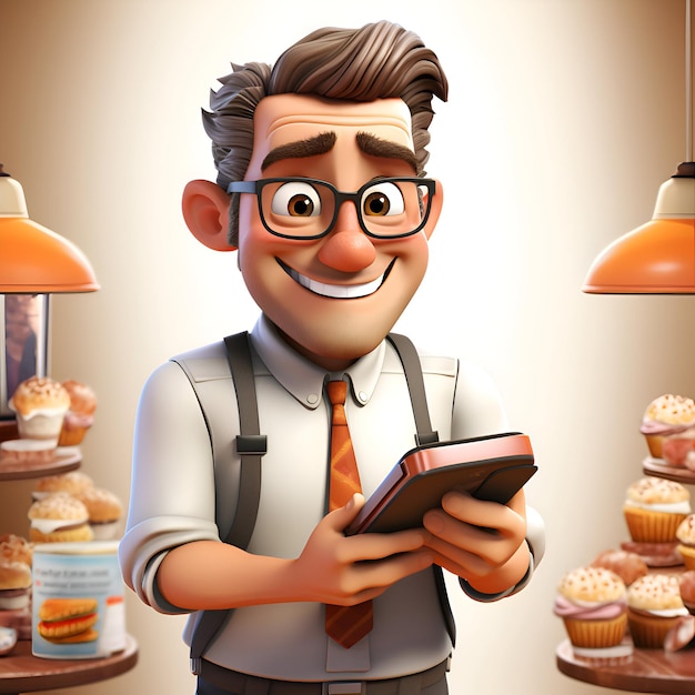 Foto gratuita illustrazione 3d di un uomo sorridente che tiene in mano un telefono cellulare e un cupcake