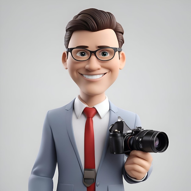 Foto gratuita illustrazione 3d di un fotografo sorridente in un abito blu con una fotocamera