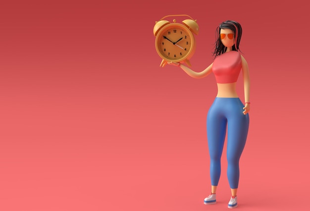 Foto gratuita illustrazione 3d di una donna in piedi che tiene la mano dell'orologio orologio 3d render design