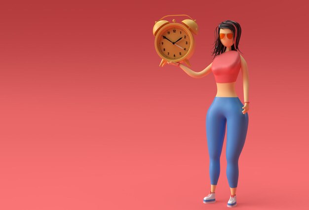 시계 시계 3D 렌더링 디자인을 들고 서있는 여자 손의 3D 그림