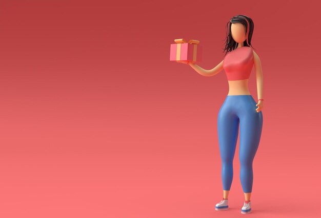 ギフトボックス、3Dレンダリングデザインを持っている立っている女性の手の3Dイラスト。