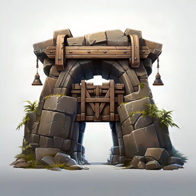 Free photo 3d illustration of a stone gate in a fantasy landscape with palm trees