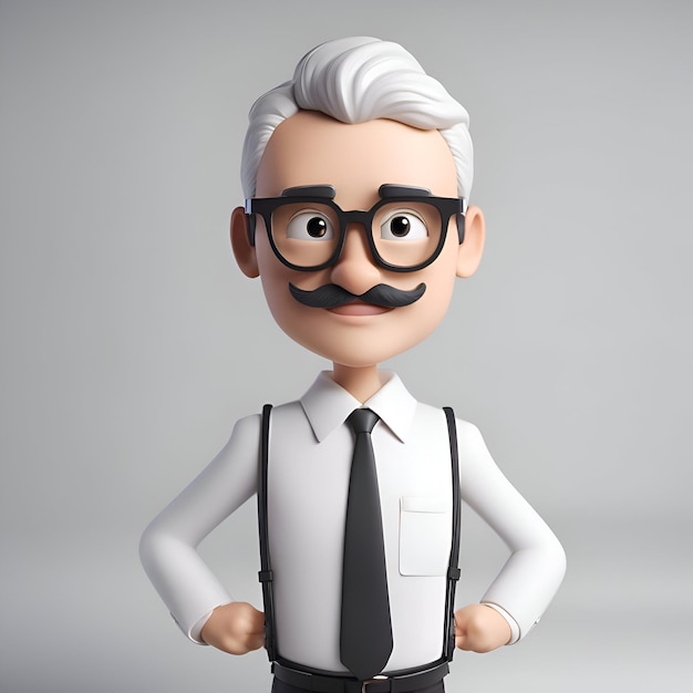 회색 배경 위에 안경과  ⁇ 수염을 가진 백인 사업가의 3D 일러스트레이션
