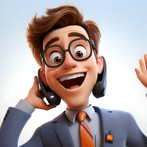 3D-иллюстрация молодого бизнесмена с наушниками, разговаривающего по телефону