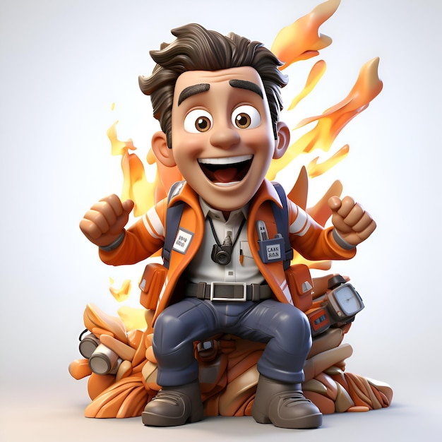 3D illustration of a young man with a backpack sitting on fire