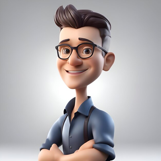 3D Illustration of a young man with glasses and a blue shirt