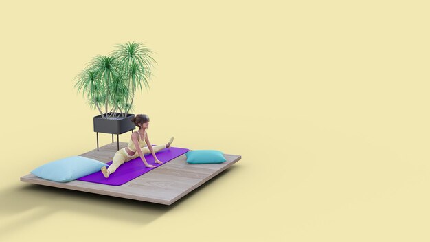 3d illustration of a young woman doing yoga practice isolated on yellow background - concept of healthy life with a cliping path. 3d render