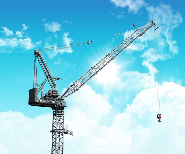 3D industrial crane against a blue sky with fluffy white clouds
