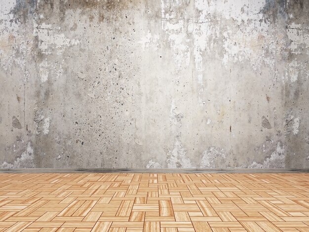 3D interior with grunge wall and parquet wood floor