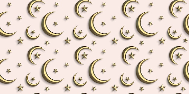 3d islamic seamless pattern gold crescent moon with star background