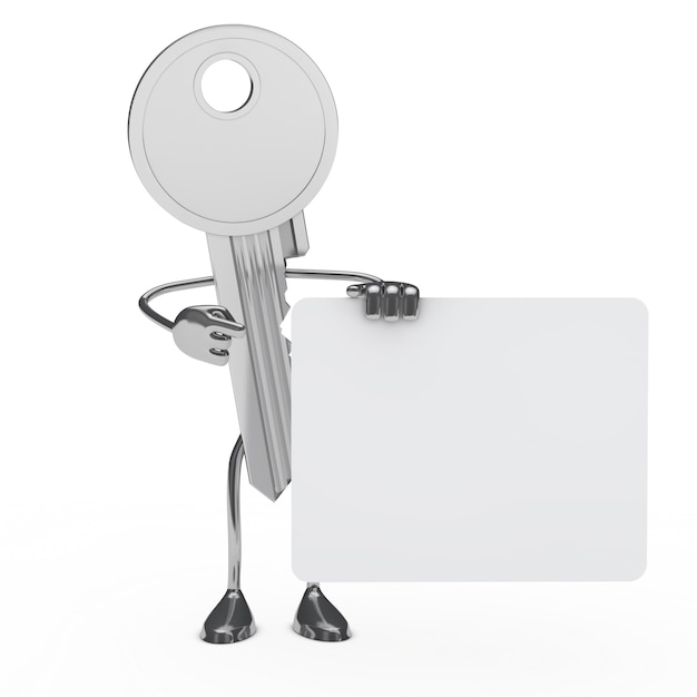 3d key posing with a blank placard