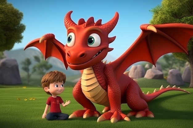 Бесплатное фото 3d-мальчик и дракон гуляют.