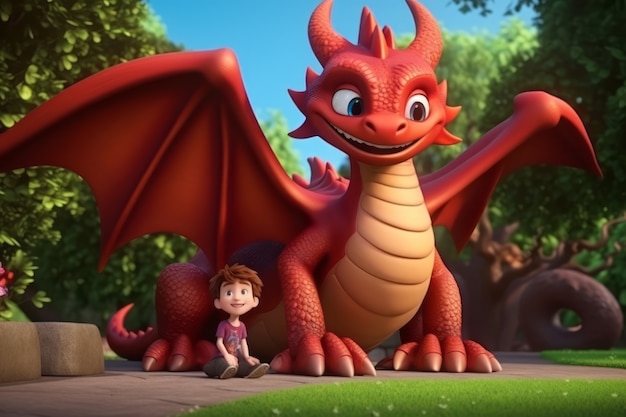 3d kid and dragon hanging out