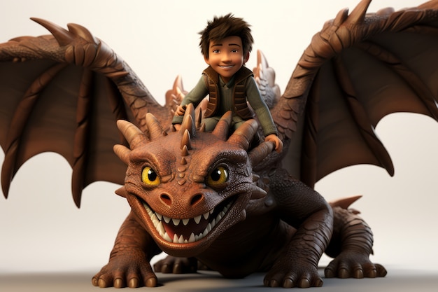 Free photo 3d kid and dragon hanging out