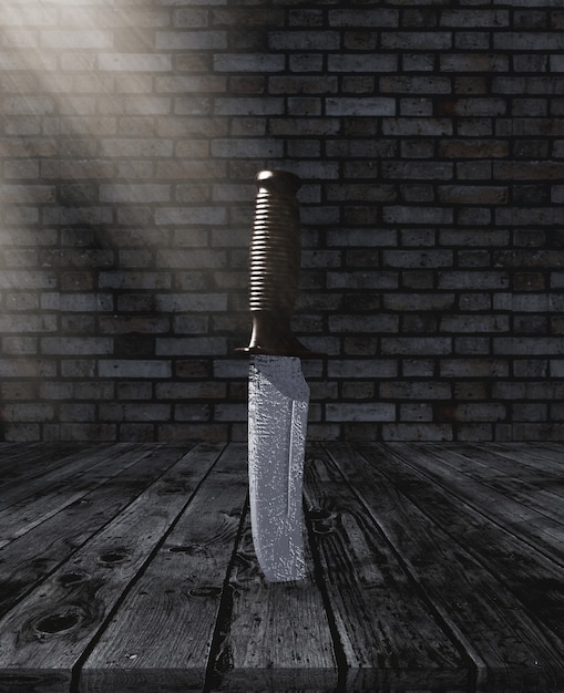 Free photo 3d knife stuck in a wooden table in a grunge brick room